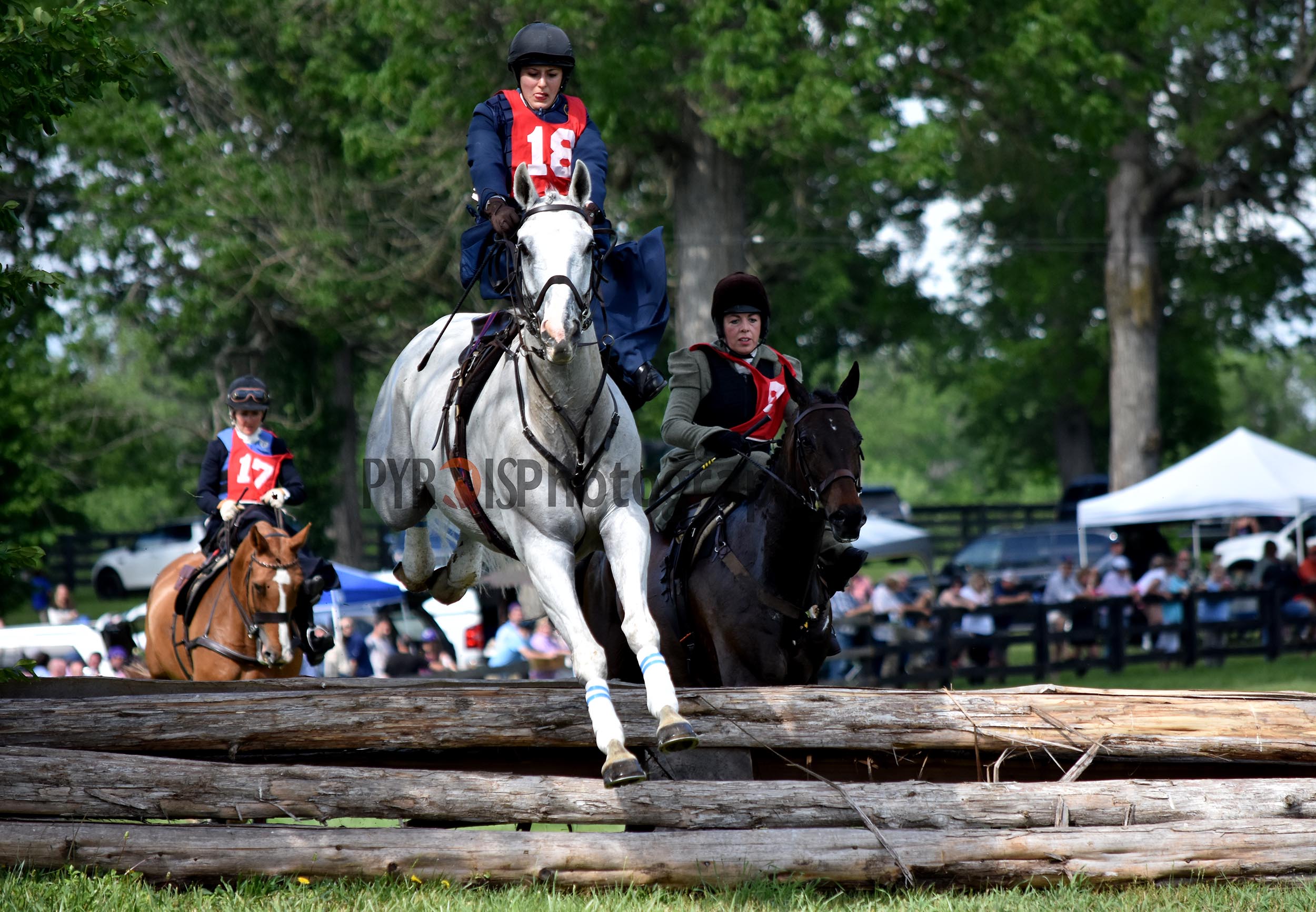 A woman jumping over a fence riding sidesaddle on a gray horse.